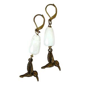 Antique Brass Hummingbird Dangle Earrings with White Beads & Leverback Hooks EUC